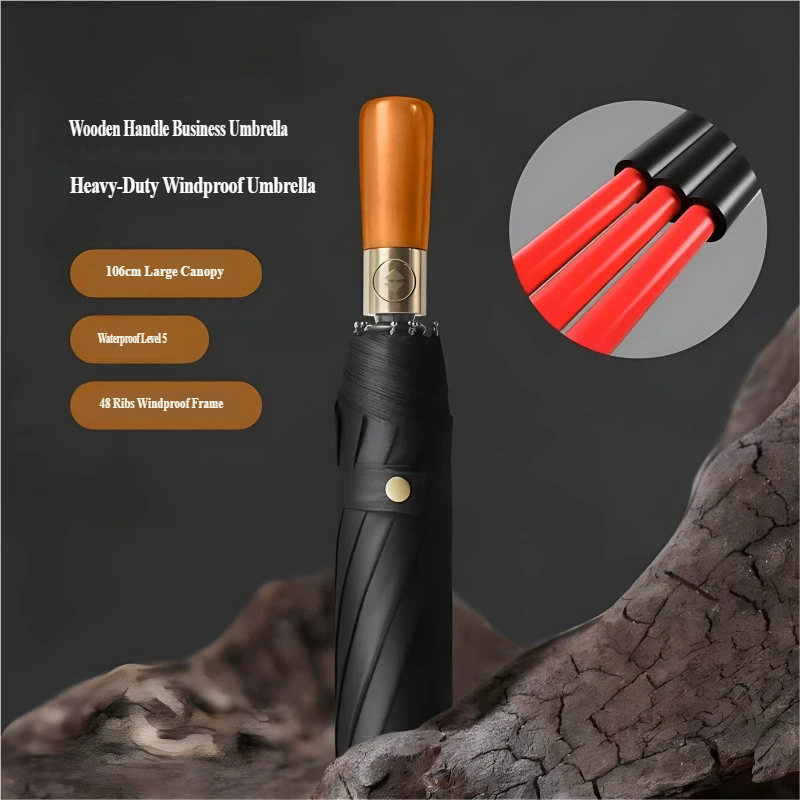 Parapluie pliable automatique avec poignée en bois, résistant au vent et à l’eau, compact, parapluie de pluie pliant | Sulvida