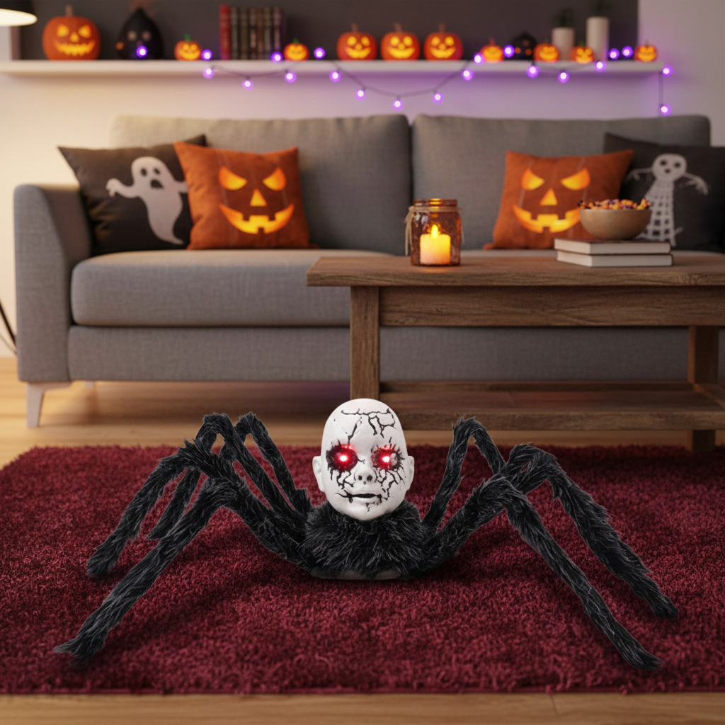 Animatronische Spinnenpop Halloween Decoratie met Bewegingssensor Lichtgevende Ogen en Griezelig Geluid | Sulvida
