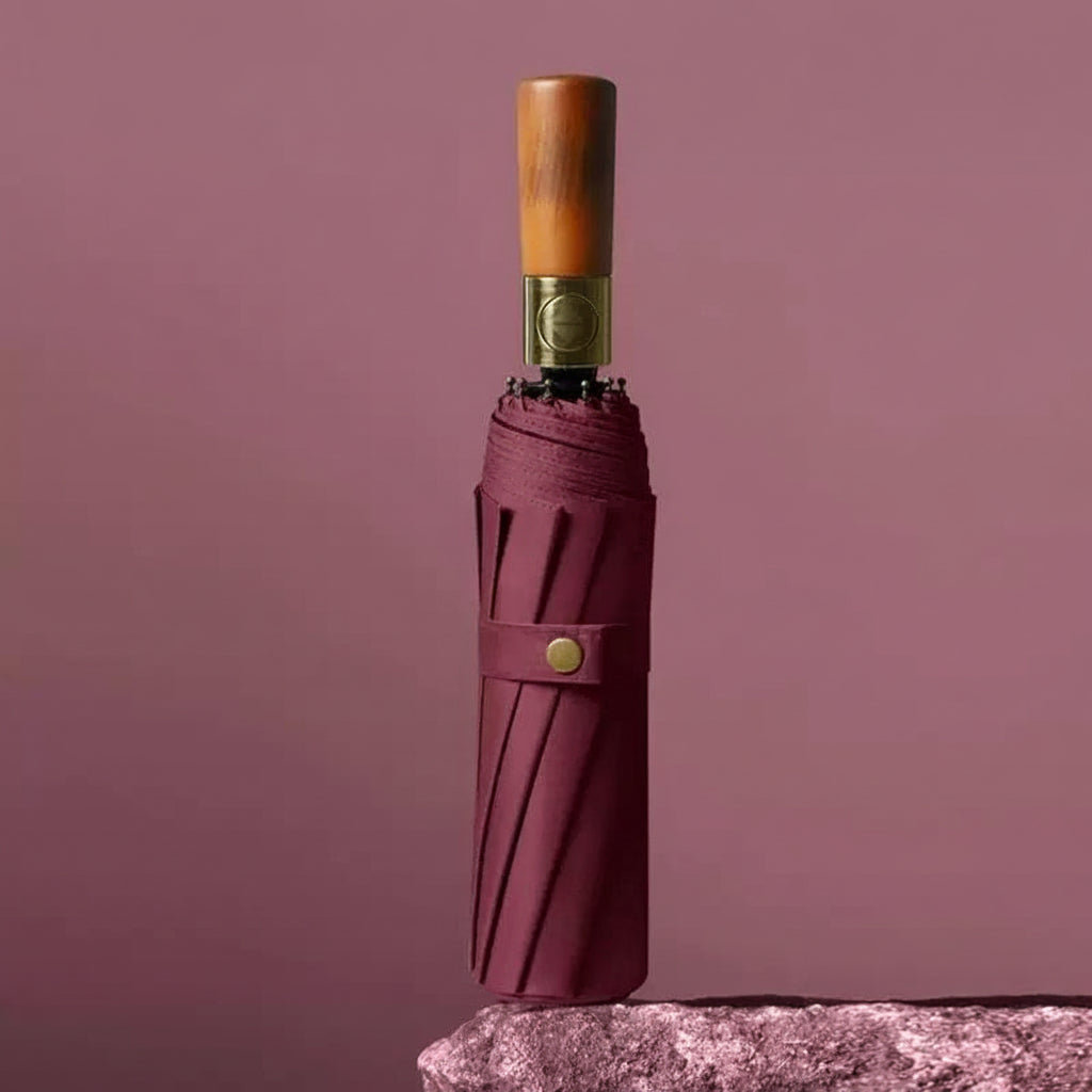 Parapluie pliable automatique avec poignée en bois, résistant au vent et à l’eau, compact, parapluie de pluie pliant | Sulvida