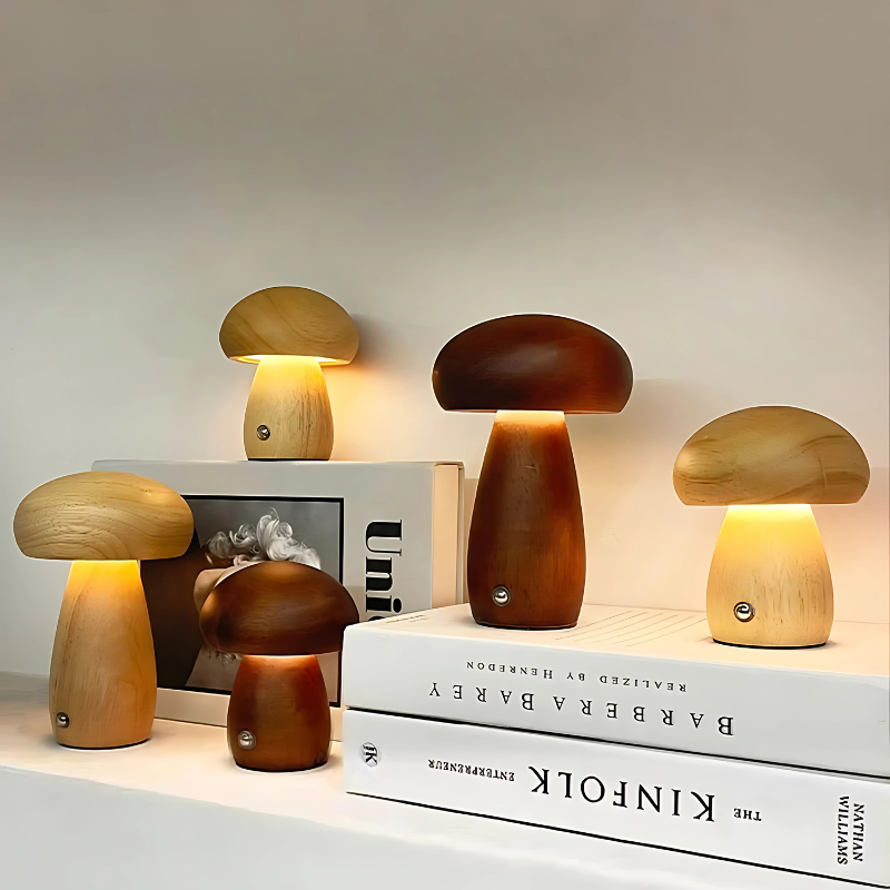 Paddenstoellamp in Lichtbruin en Donkerbruin – Natuurlijk Houten Nachtlampje met Stemmingsvol Warm Licht – Klein en Groot Model – Sfeerlamp voor Slaapkamer Kinderkamer | Sulvida