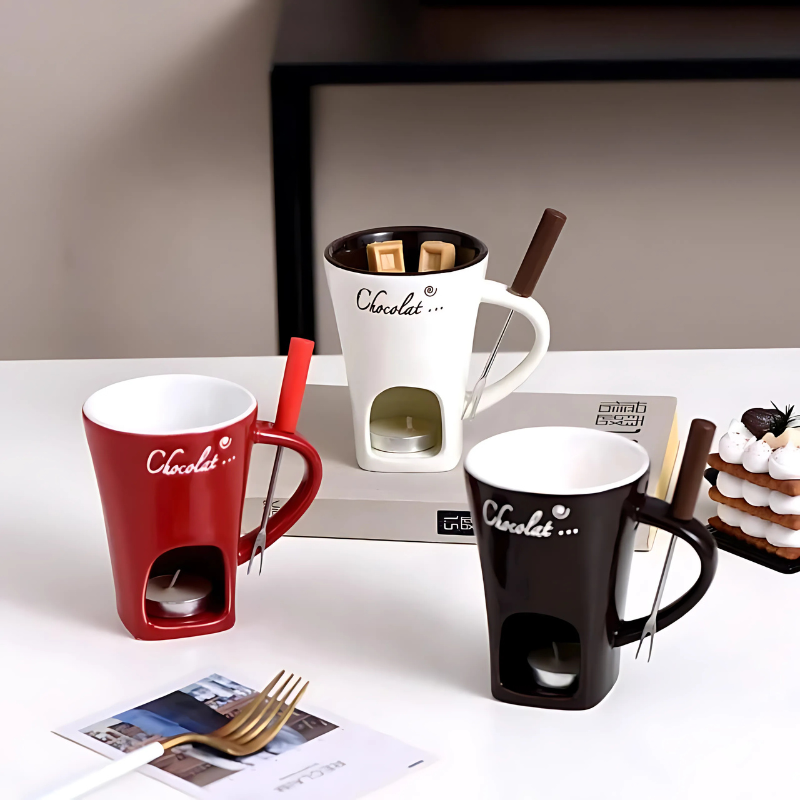 FondueFest Fondueset met Kaarslichtverwarming – Keramische Fonduepan voor Chocolade en Kaas – 2-Delig Fondueservies voor Gezellige Tafelfondue | Sulvida