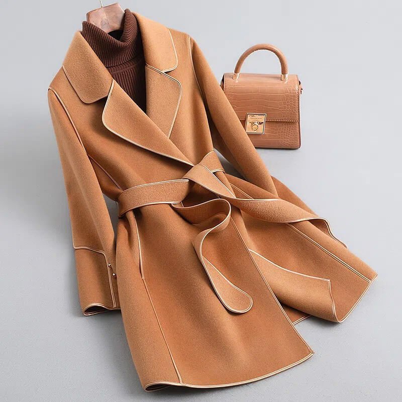Long manteau trench en laine avec ceinture, manteau classique pour femme, manteau d’hiver chaud avec sac, manteau oversize élégant | Sulvida