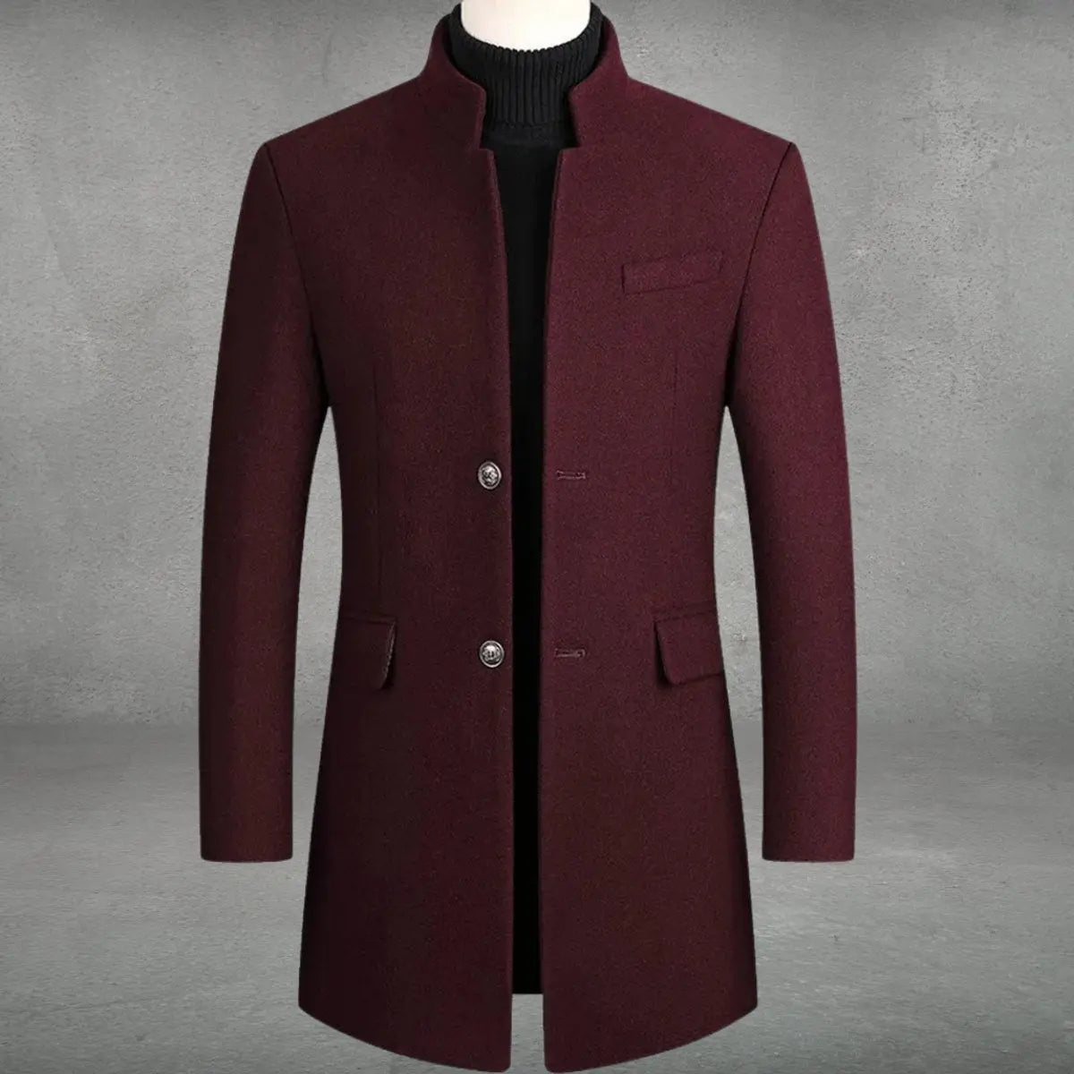 Herenwollen jas met staande kraag getailleerde pasvorm zakelijk formeel elegant warm winterjas mantel | Sulvida