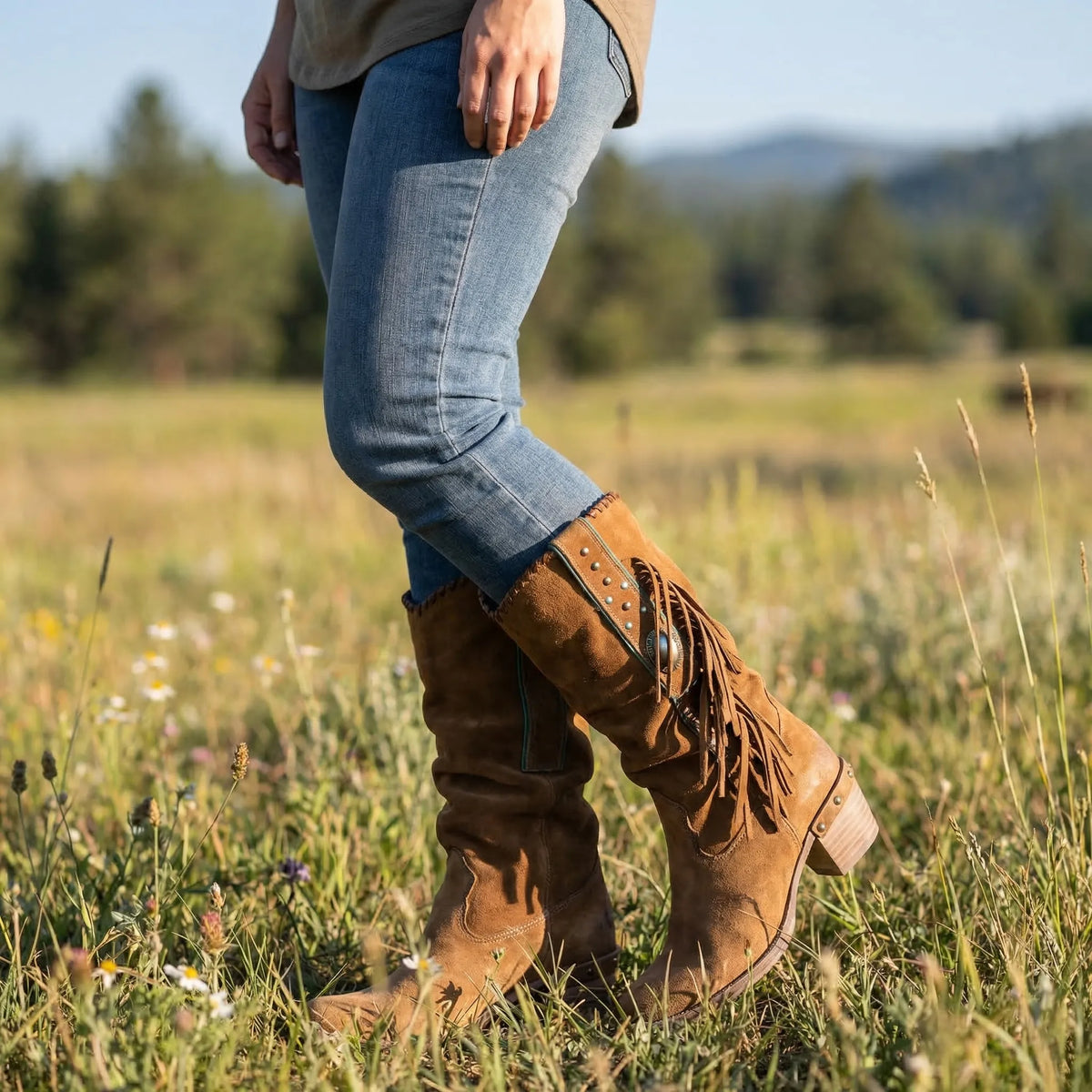 Dames Cowboylaarzen Middelhoog met Franjes Turkoois Detail Western Stijl Laarzen voor Vrouwen Stijlvol | Sulvida