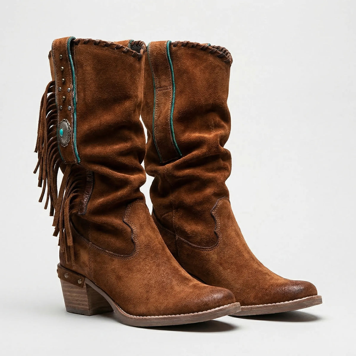 Dames Cowboylaarzen Middelhoog met Franjes Turkoois Detail Western Stijl Laarzen voor Vrouwen Stijlvol | Sulvida
