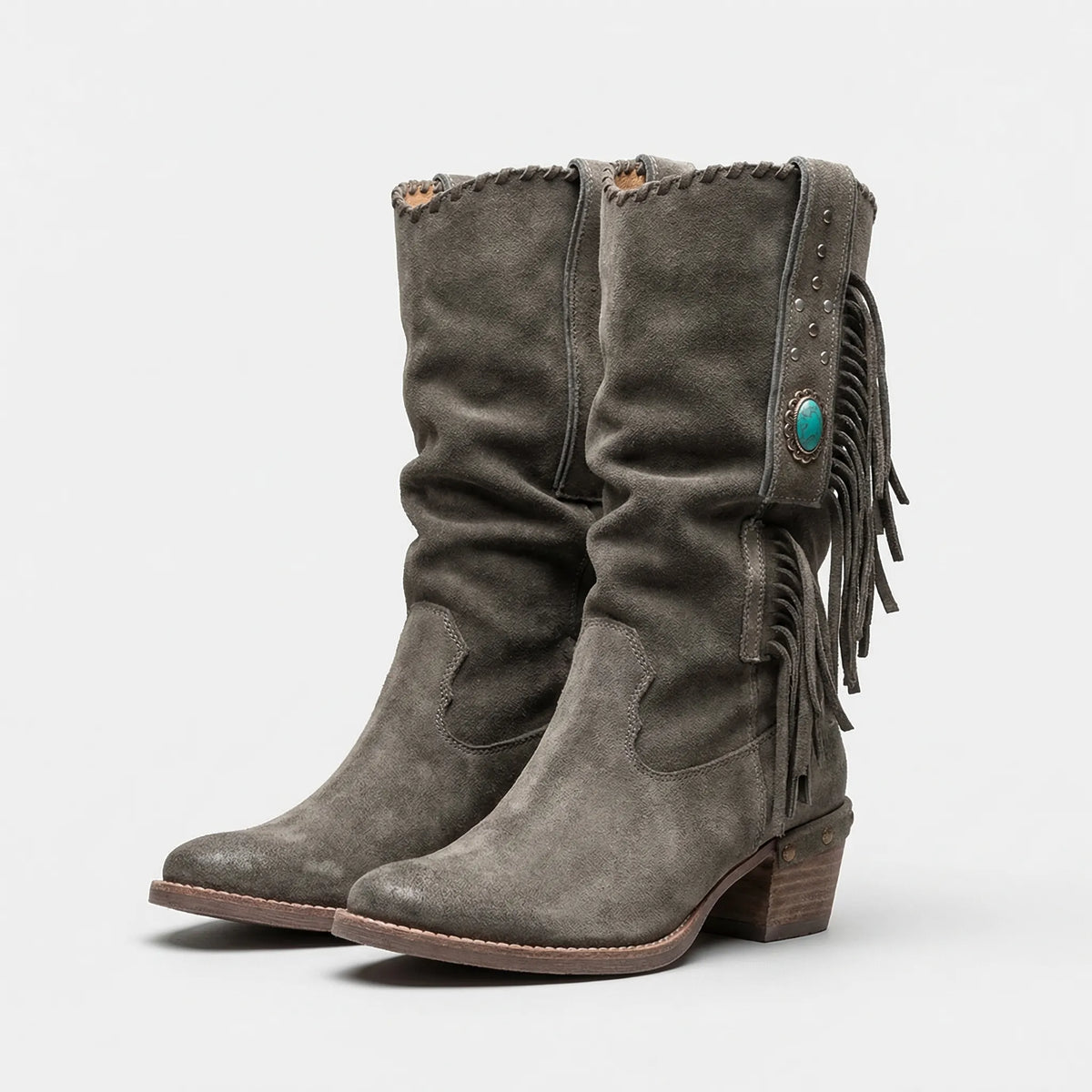 Dames Cowboylaarzen Middelhoog met Franjes Turkoois Detail Western Stijl Laarzen voor Vrouwen Stijlvol | Sulvida