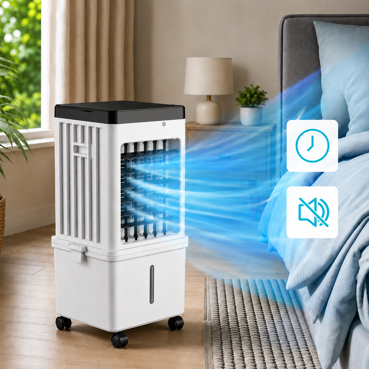 Mobiele Aircooler met 15L Watertank en Koelelementen – Verplaatsbare Luchtkoeler met 3 Snelheden en Watercooling voor Slaapkamer Woonkamer Kantoor Zomerse Verkoeling Zwenkfunctie | Sulvida