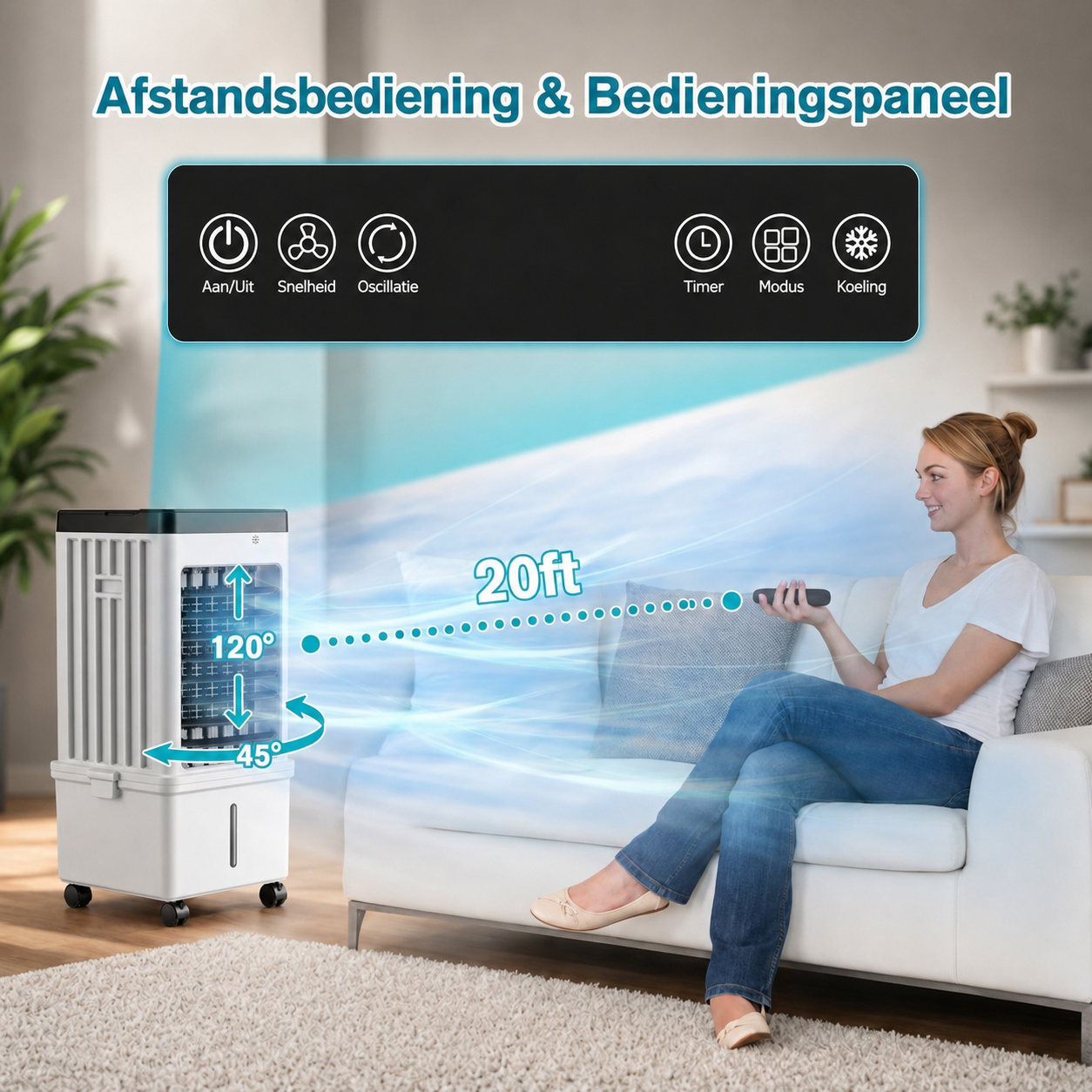 Mobiele Aircooler met 15L Watertank en Koelelementen – Verplaatsbare Luchtkoeler met 3 Snelheden en Watercooling voor Slaapkamer Woonkamer Kantoor Zomerse Verkoeling Zwenkfunctie | Sulvida