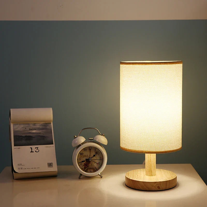 Natuurlijke Tafellamp Hout & Linnen 3 Lichtmodi Dimbaar LED met Afstandsbediening 14 × 28 cm Sfeerlamp | Sulvida