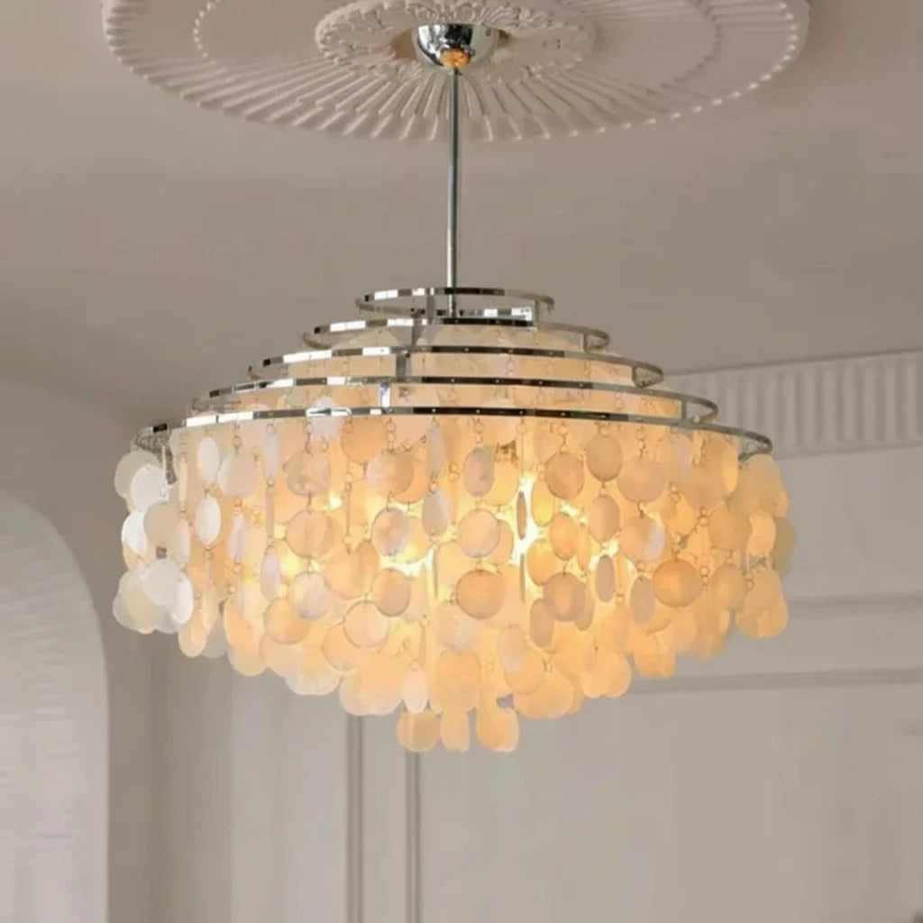 Ronde hanglamp met schelpenlagen en LED-verlichting voor sfeervolle woonkamer eetkamer entree en slaapkamer | Sulvida