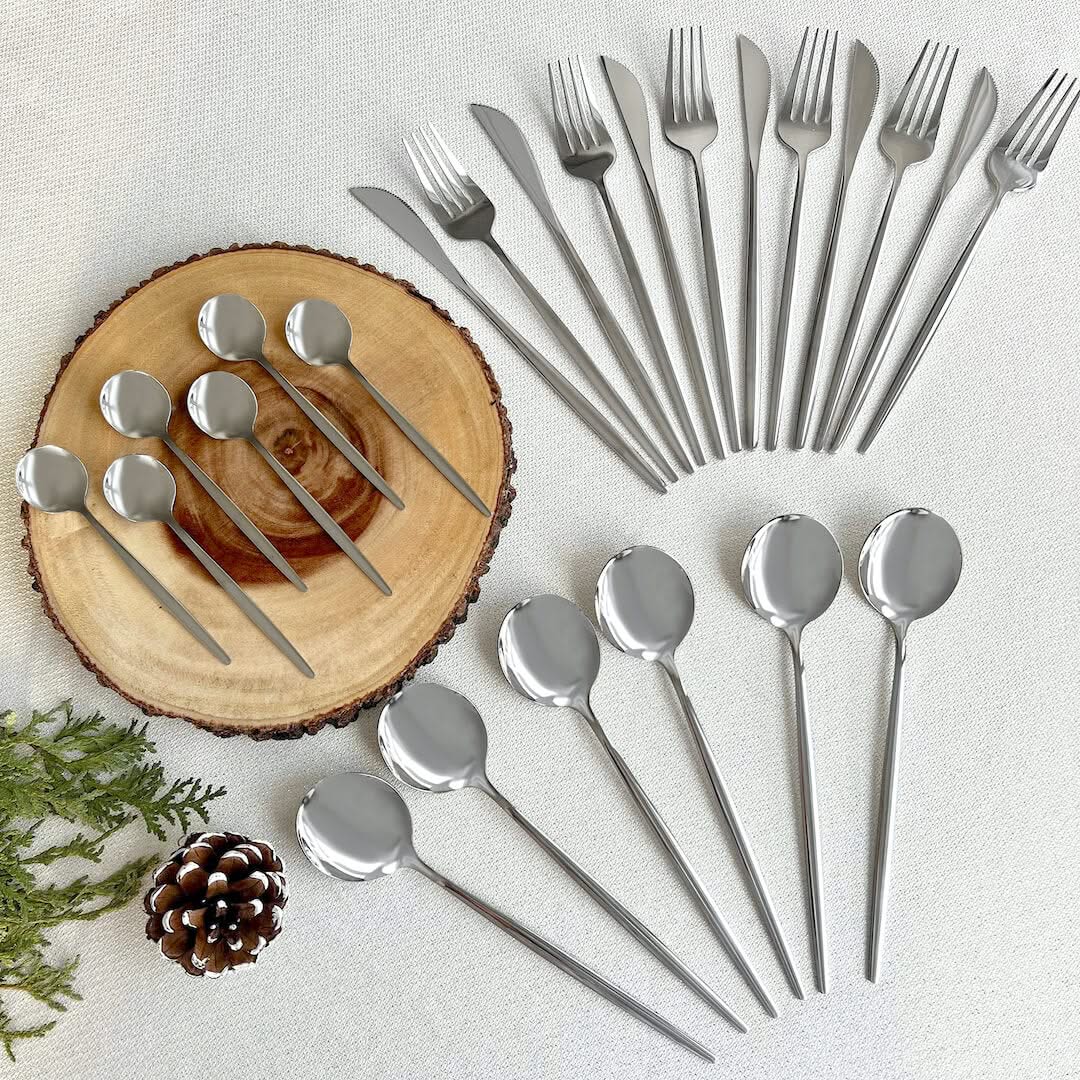 Modern Bestek Set 4-delig RVS 18/10 Zilver Mes Vork Lepel Theelepel Servies Tafelbestek Eettafel Keuken | Sulvida