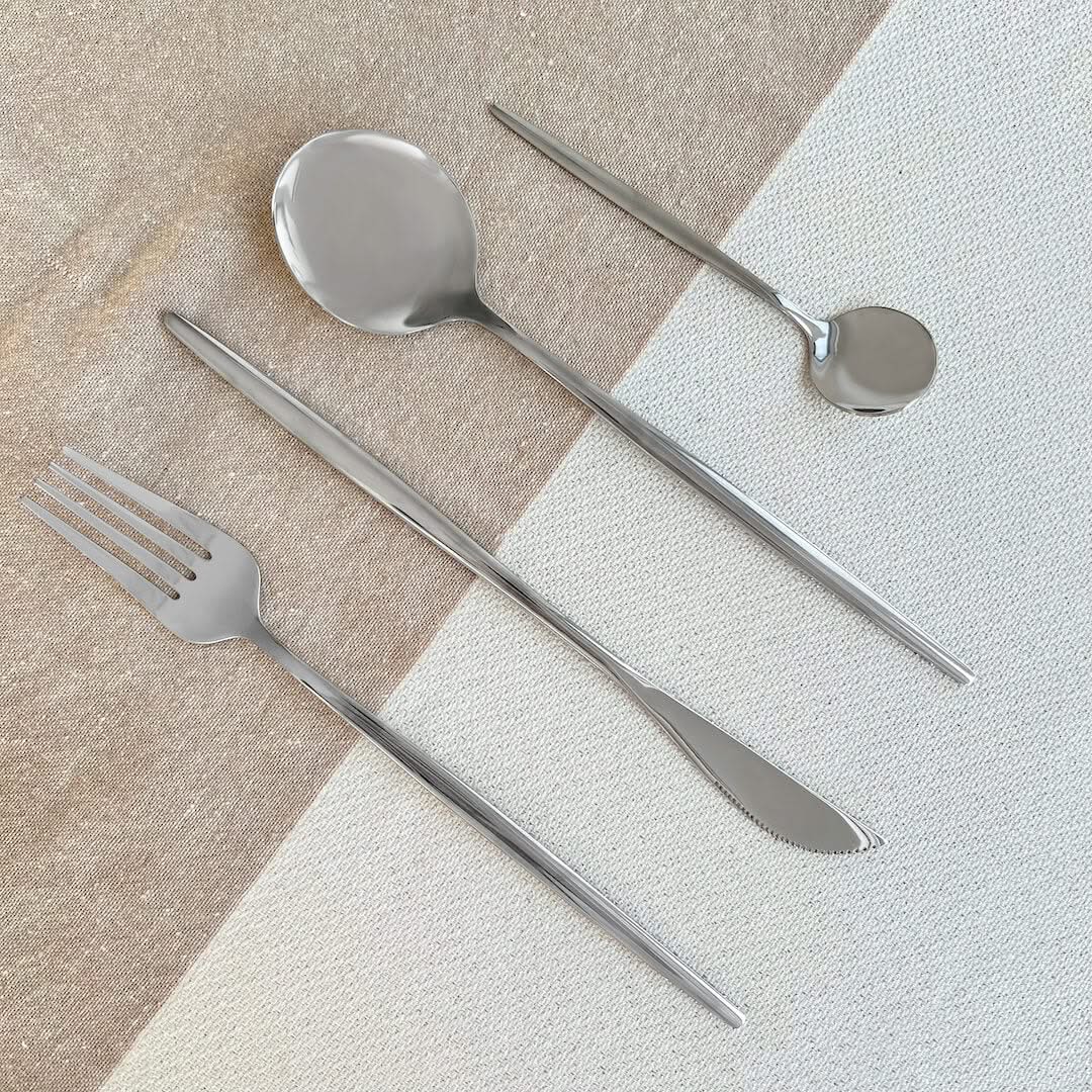 Modern Bestek Set 4-delig RVS 18/10 Zilver Mes Vork Lepel Theelepel Servies Tafelbestek Eettafel Keuken | Sulvida