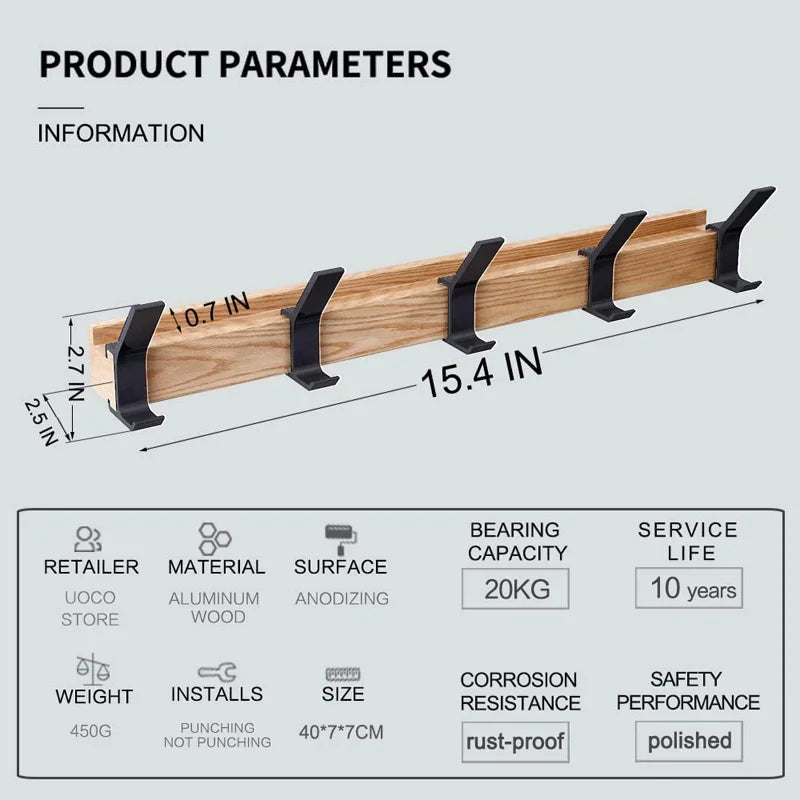 Wandkapstok met Vijf Verstelbare Dubbele Haken Scandinavisch Design Rubberwood Aluminium voor Entree Hal Garderobe | Sulvida