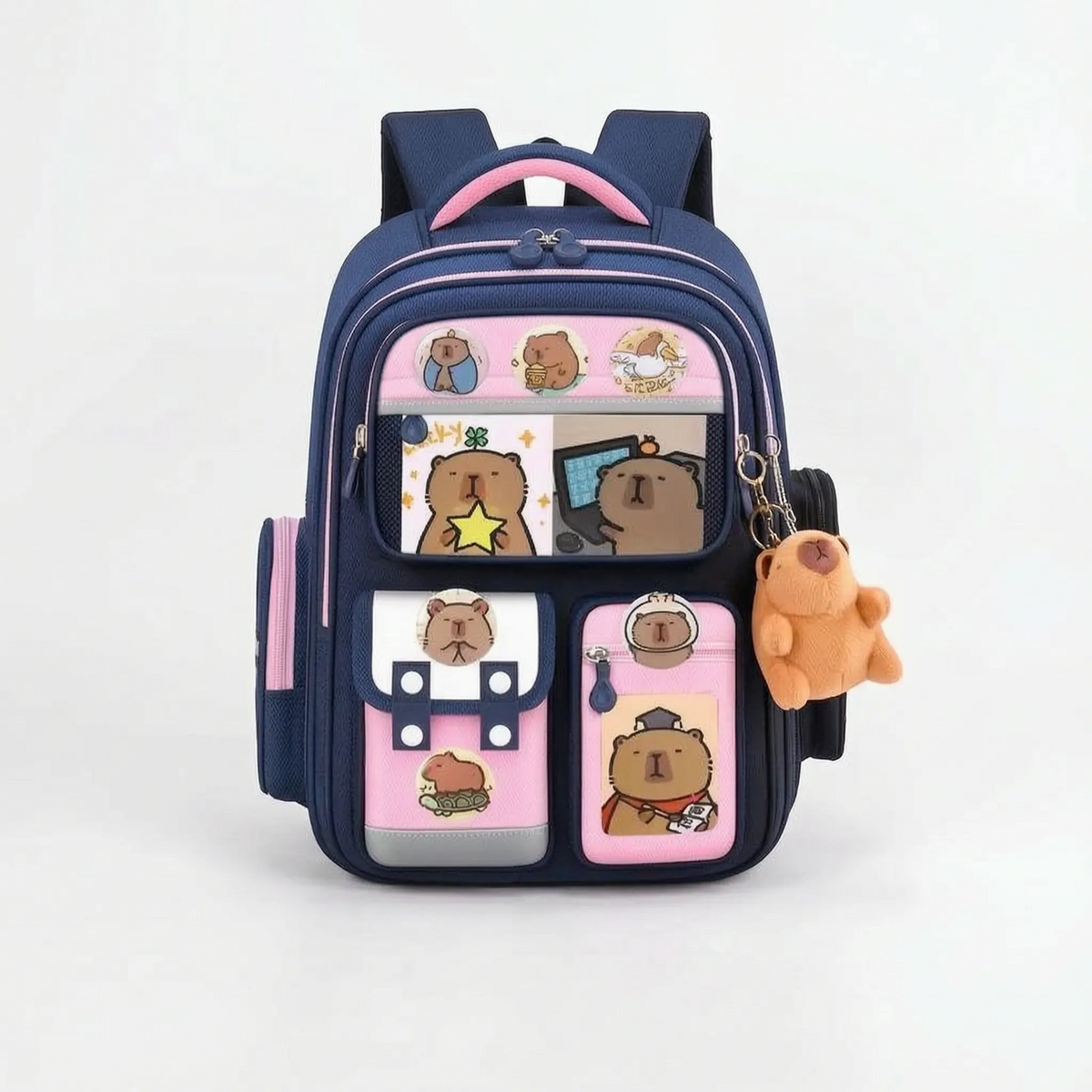 Schoolrugzak met capibara-thema meerdere vakken roze bruin marineblauw paars zwart voor kinderen en tieners | Sulvida