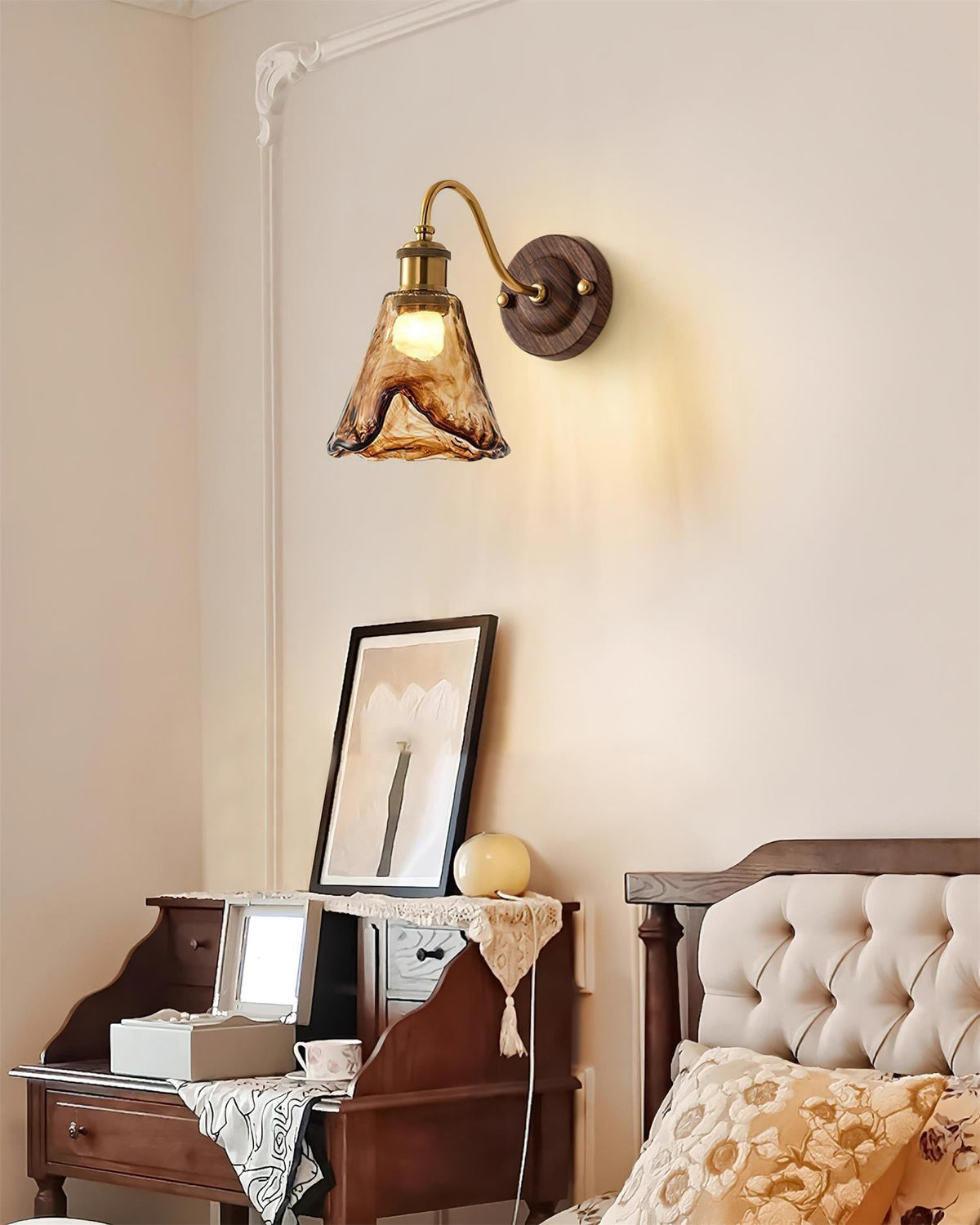 Wandlamp Glas en Hout Goudkleurig Vintage Design Sfeerlicht voor Woonkamer Slaapkamer en Hal Sfeervolle Wandverlichting | Sulvida