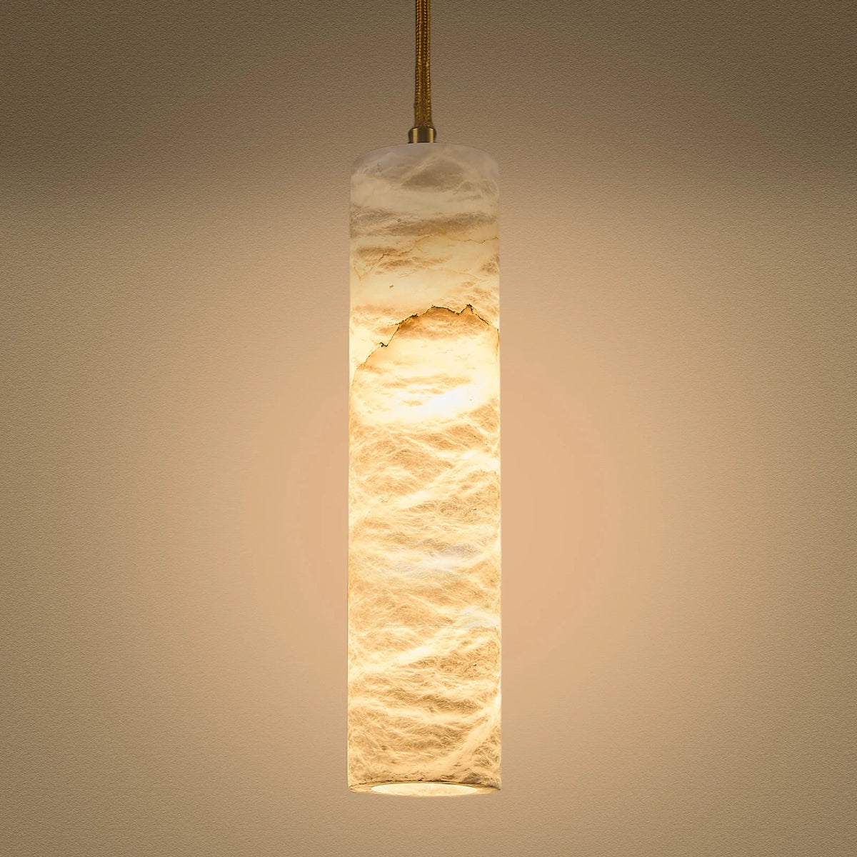 Hanglamp Albast Steen met Satijn Messing Cilinder Natuursteen Lichtdiffusie Warm LED Eetkamer Woonkamer | Sulvida