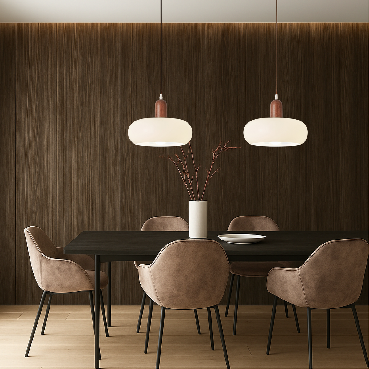 Hanglamp met hout en melkglas verstelbaar crèmekleur sfeervol Scandinavisch design eetkamer woonkamer E27 | Sulvida