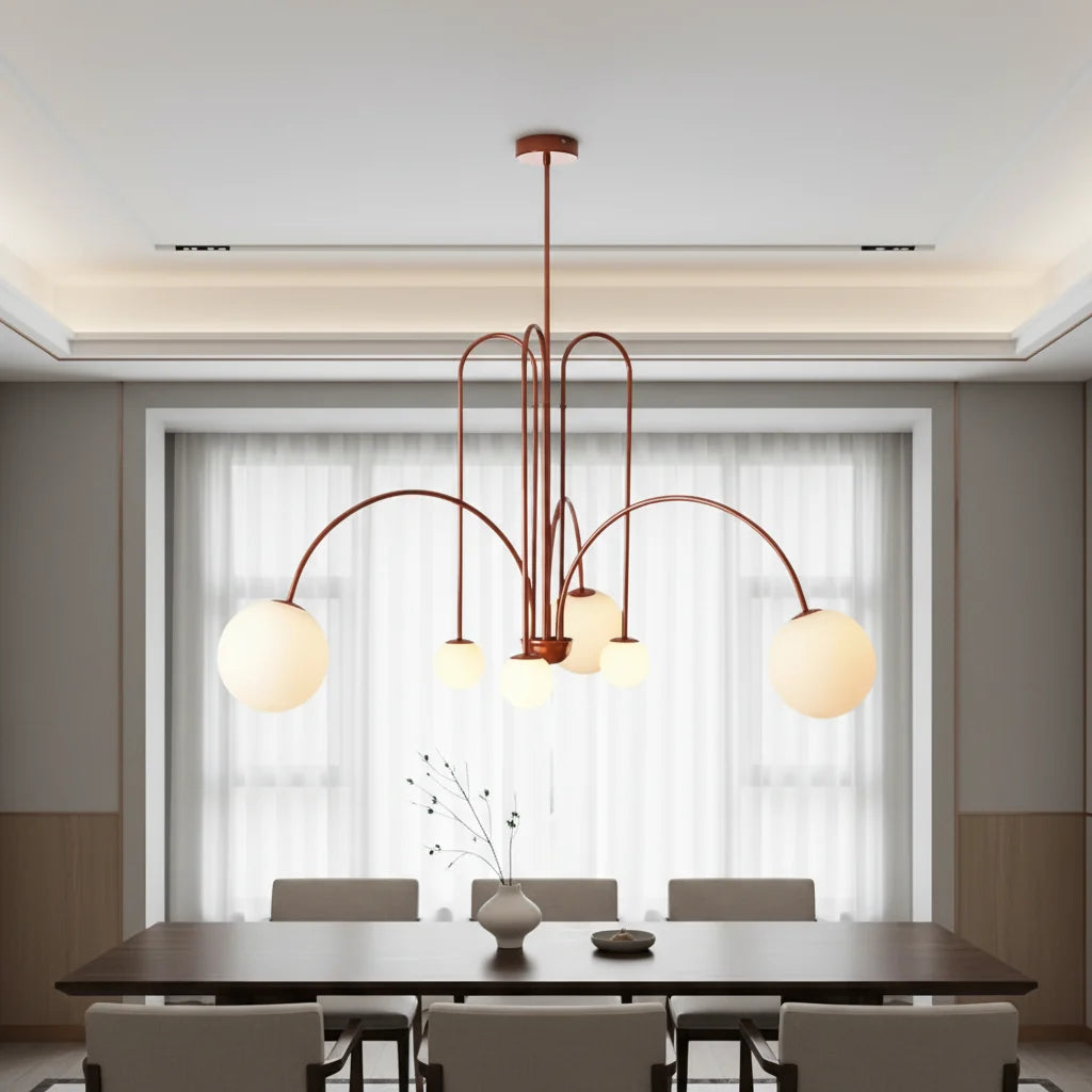 Kroonluchter met Glazen Bollen Geborsteld Metaal Goud Zwart Rood Scandinavisch Design Woonkamer Eetkamer | Sulvida