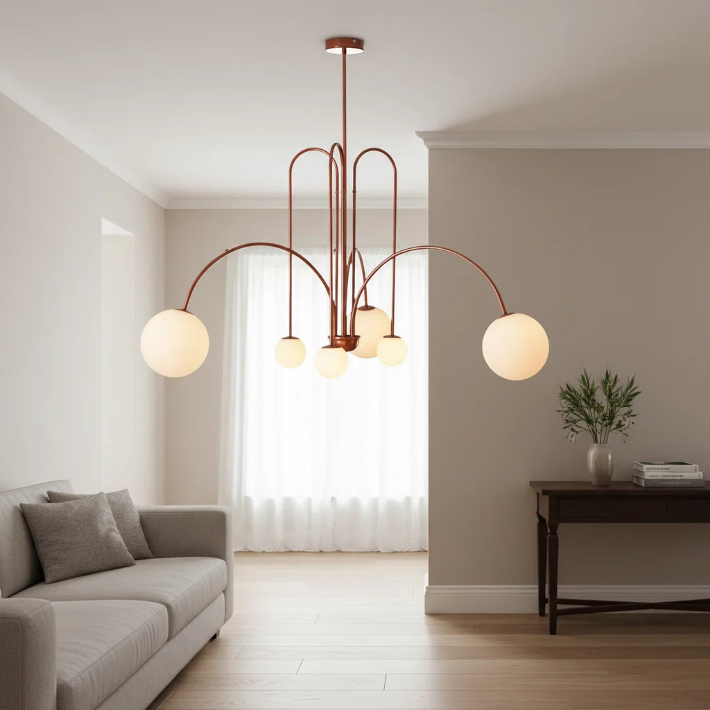 Kroonluchter met Glazen Bollen Geborsteld Metaal Goud Zwart Rood Scandinavisch Design Woonkamer Eetkamer | Sulvida