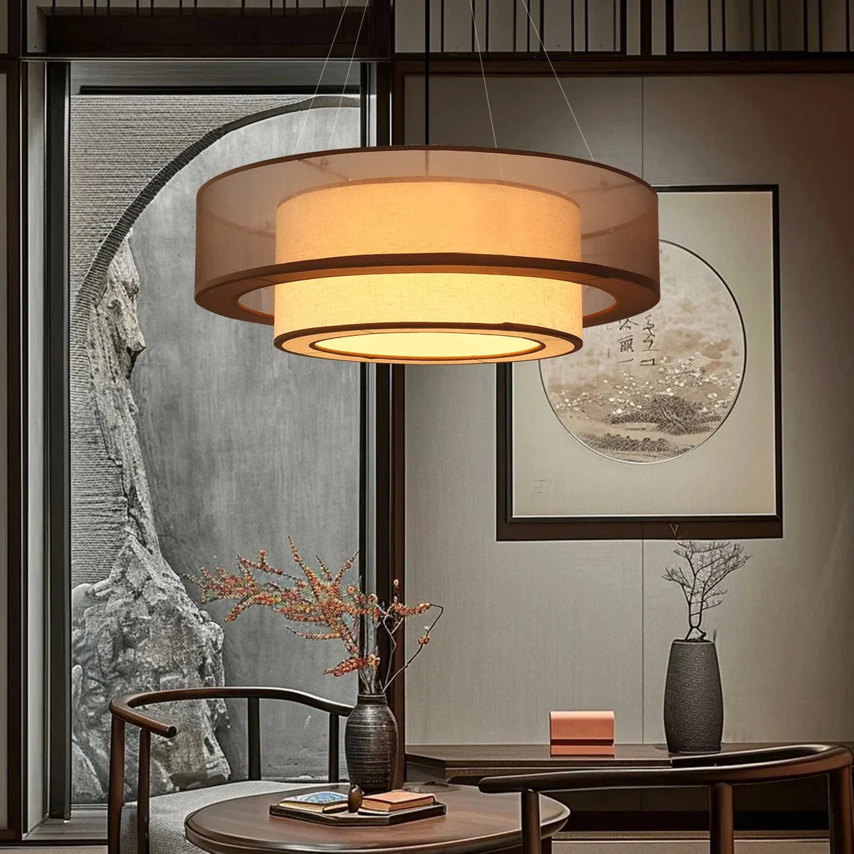 Gelaagde cilindervormige hanglamp met stoffen kap 50-80 cm voor eetkamer woonkamer en modern interieur | Sulvida
