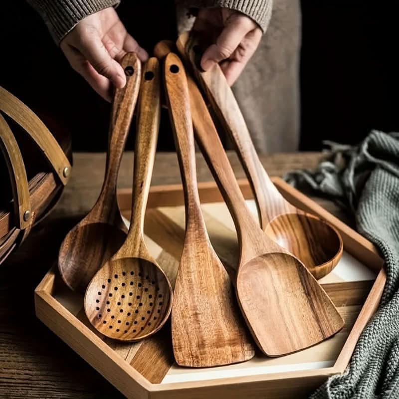 Houten Keukengerei Set 5-delig Kookbestek Spatel Lepel Keukenhulpen Scandinavisch Design Natuurlijk Hout | Sulvida