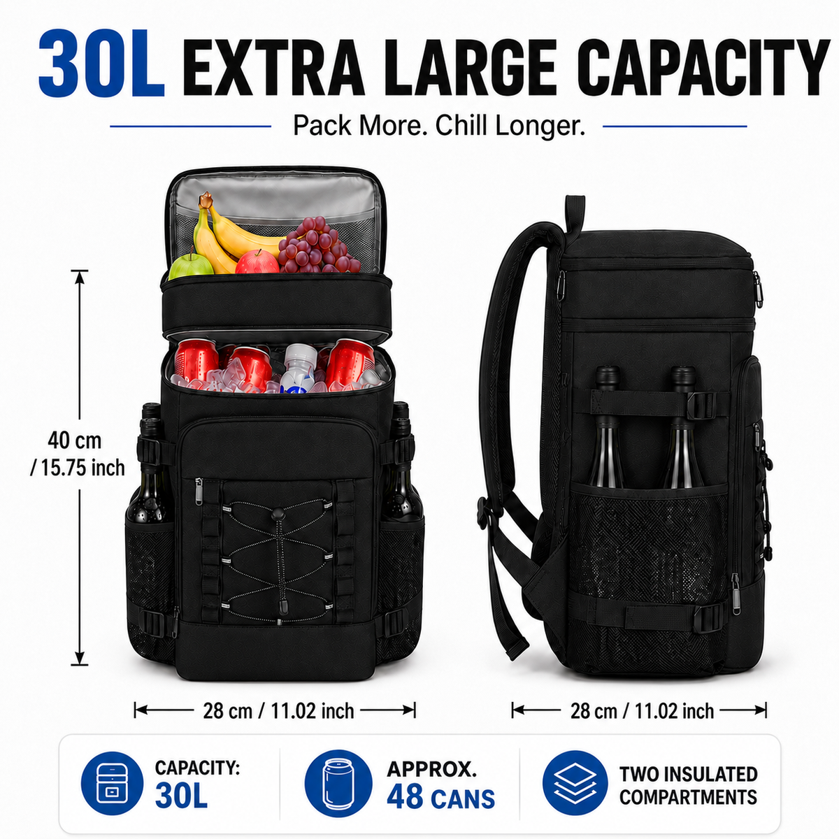 Geïsoleerde Koeltas Rugzak Grijs 22×28×40cm Handsfree Picknick Outdoors Camping Lunchtas Tuin BBQ Strand | Sulvida