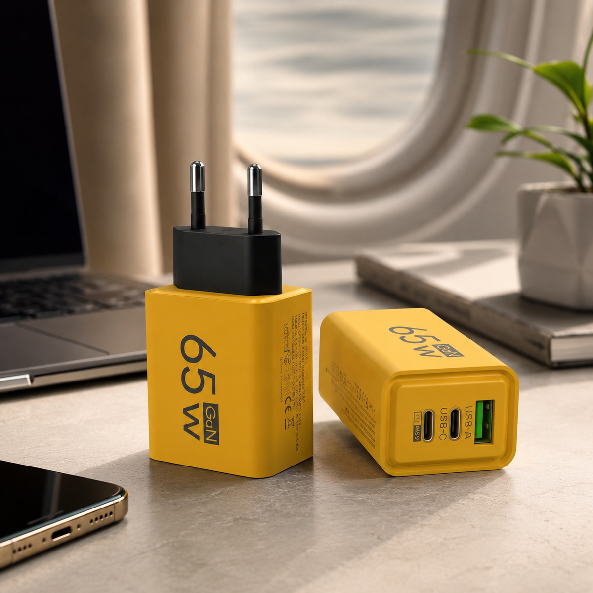 Compact GaN Wandlader 65W Snellader Telefoon Laptop Dual-Port USB-C USB-A Veilig Reislader Overbelastingsbeveiliging | Sulvida