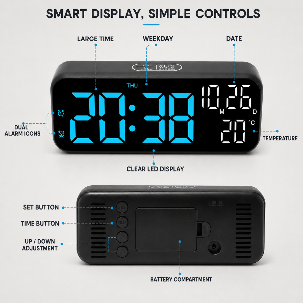 Digitale LED-tafelklok met temperatuurweergave spraakbesturing dimfunctie - modern design voor slaapkamer kantoor | Sulvida