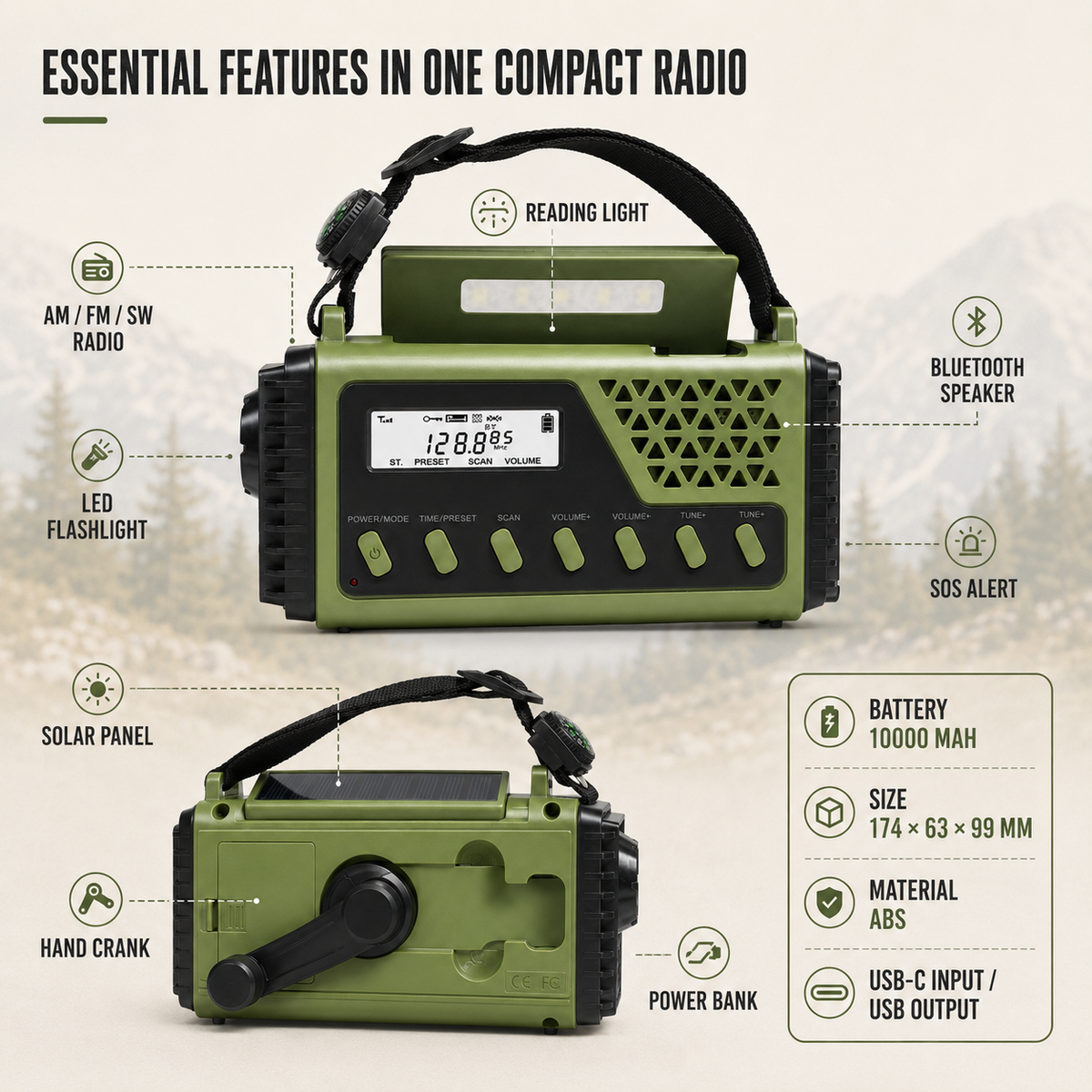 Handcrank Noodradio met Zonne-energie AM FM en Bluetooth Speaker voor Stroomuitval Camping Outdoor Wandelen | Sulvida