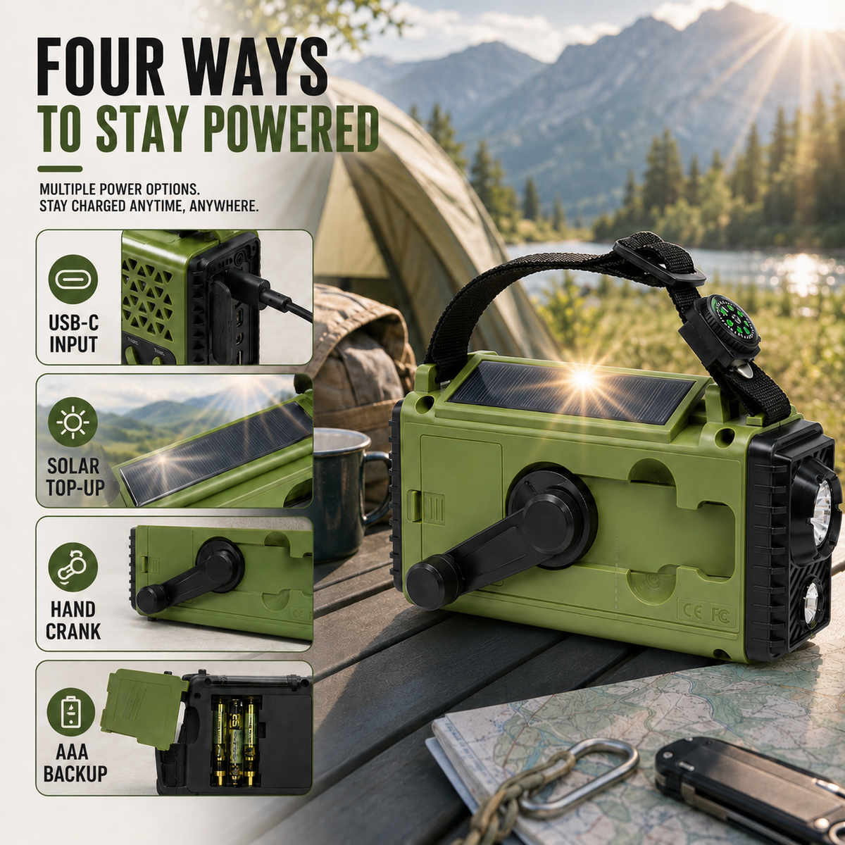 Handcrank Noodradio met Zonne-energie AM FM en Bluetooth Speaker voor Stroomuitval Camping Outdoor Wandelen | Sulvida