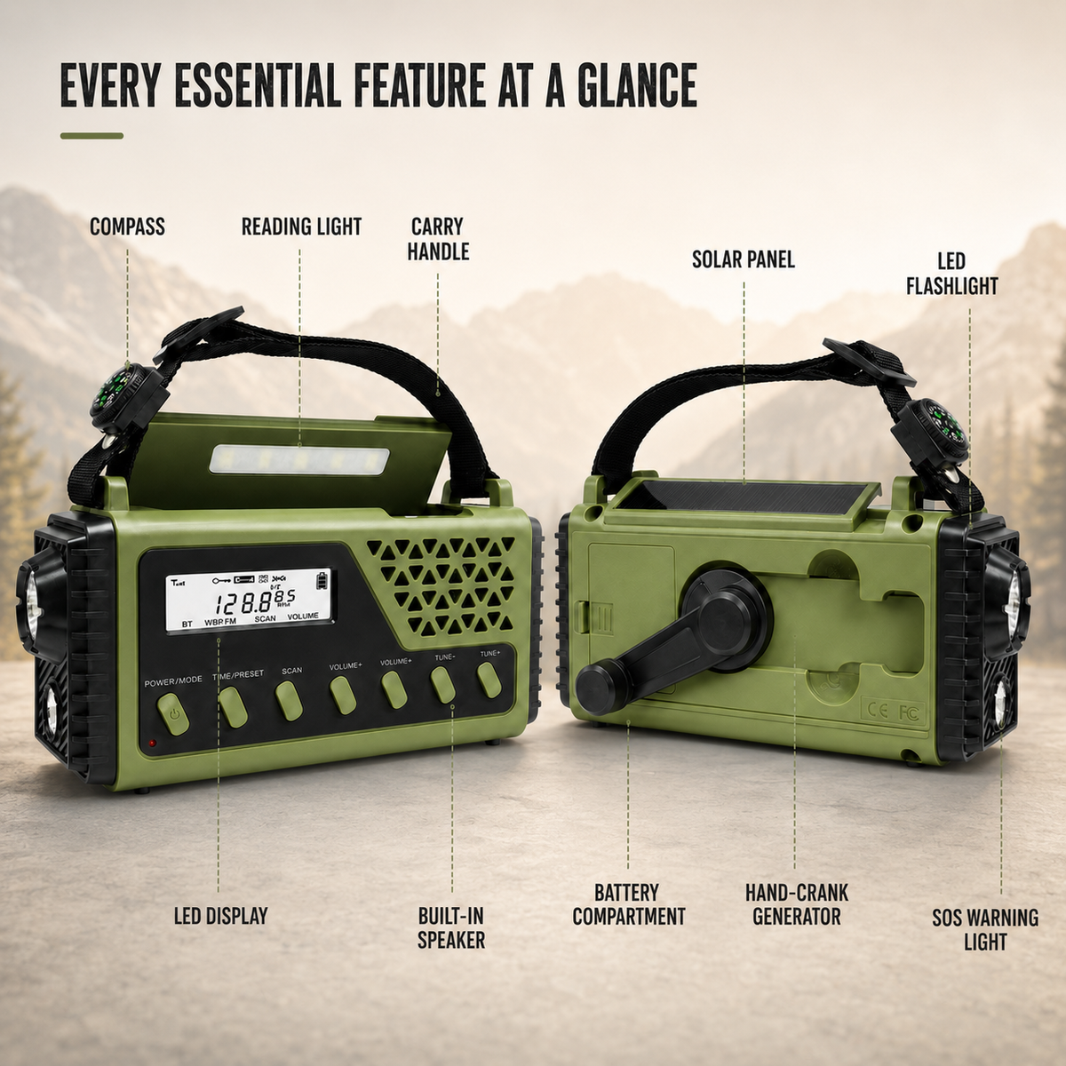 Handcrank Noodradio met Zonne-energie AM FM en Bluetooth Speaker voor Stroomuitval Camping Outdoor Wandelen | Sulvida