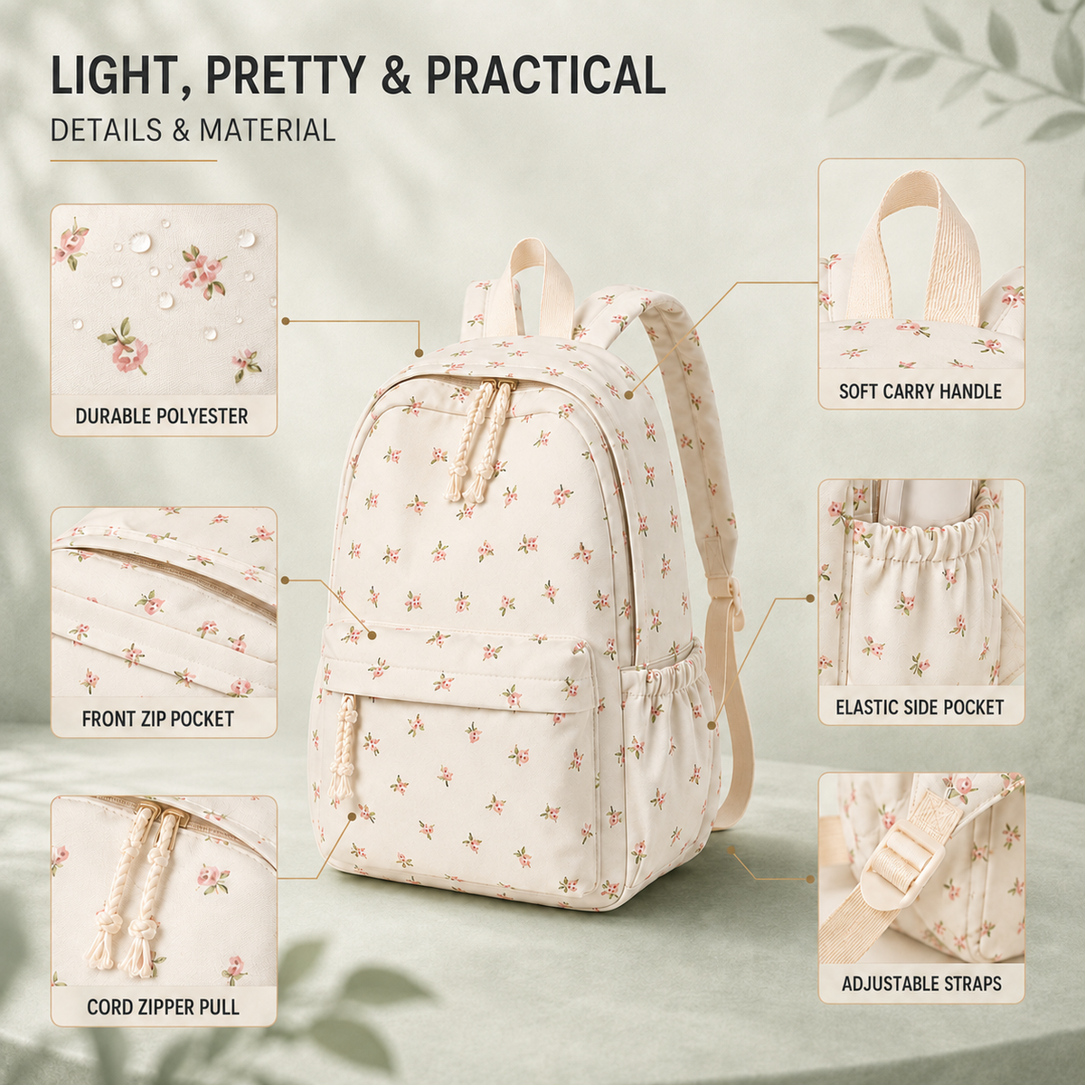 Nylon Schoolrugzak Bloemenprint Dames Roze Wit Rugtas Laptop Studie Rugzak Schooltas Werk Dagelijks Gebruik | Sulvida