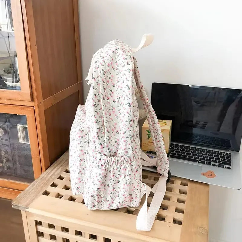 Nylon Schoolrugzak Bloemenprint Dames Roze Wit Rugtas Laptop Studie Rugzak Schooltas Werk Dagelijks Gebruik | Sulvida