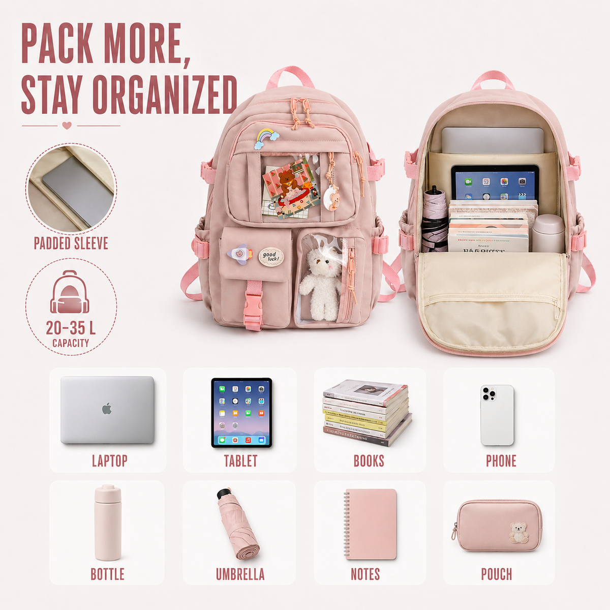 Studentenrugzak 20-35L Preppy Stijl Schooltas Laptopvak Roze Beige Zwart Blauw Groen Paars Dagelijks Gebruik | Sulvida