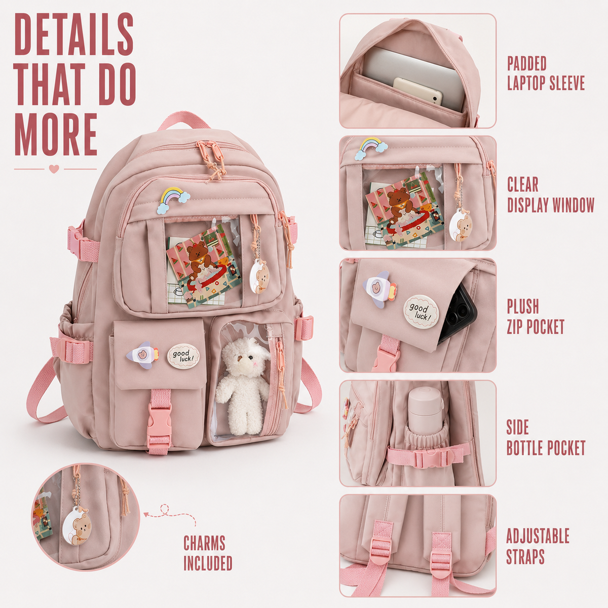 Studentenrugzak 20-35L Preppy Stijl Schooltas Laptopvak Roze Beige Zwart Blauw Groen Paars Dagelijks Gebruik | Sulvida