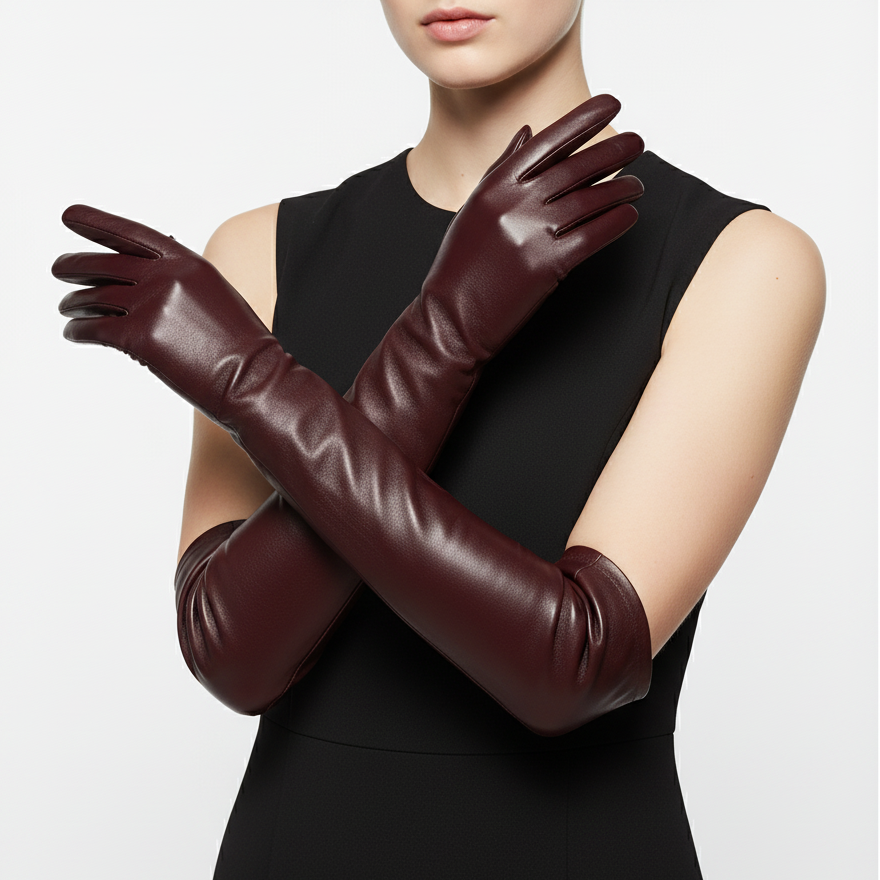 Lange Leren Handschoenen Dames Ellebooglengte Zwart Rood Wit Gevoerd Winter Elegant Stijlvol Warm Luxe | Sulvida