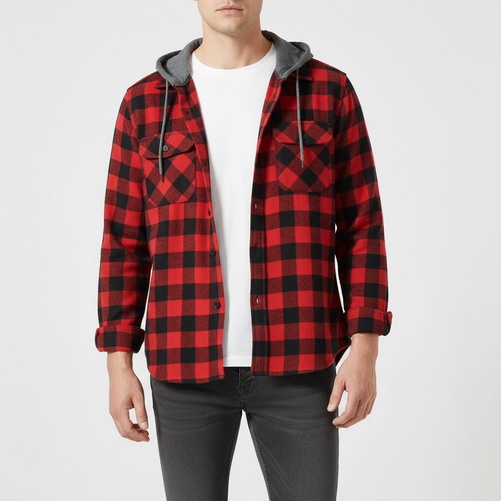 Geruit Flanel Overhemd met Capuchon Lange Mouwen Herfst Lente Casual Houthakkershemd Heren Werkhemd Borstzak | Sulvida