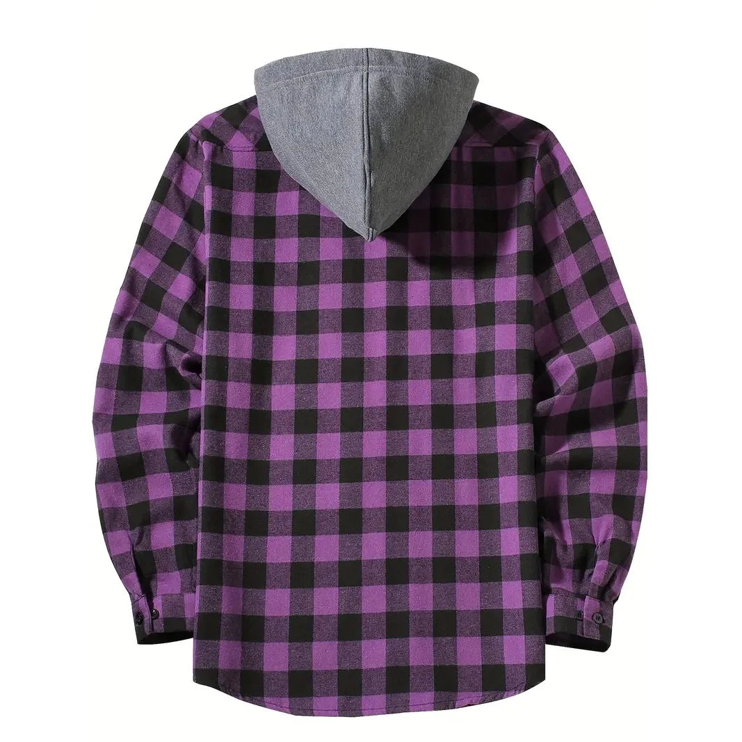 Geruit Flanel Overhemd met Capuchon Lange Mouwen Herfst Lente Casual Houthakkershemd Heren Werkhemd Borstzak | Sulvida
