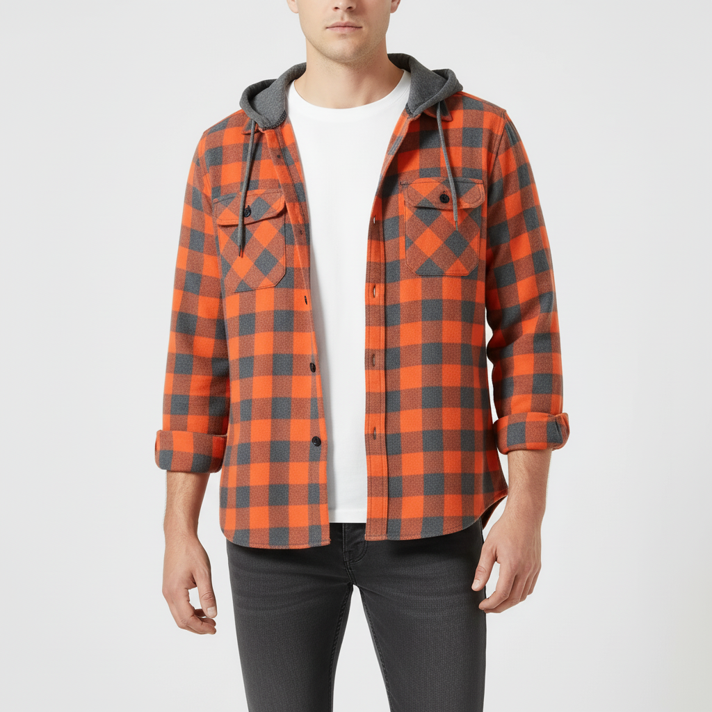 Geruit Flanel Overhemd met Capuchon Lange Mouwen Herfst Lente Casual Houthakkershemd Heren Werkhemd Borstzak | Sulvida