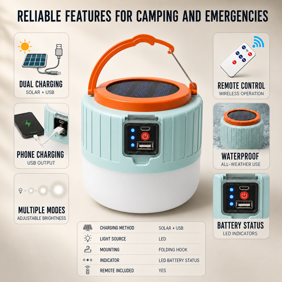 Draagbare LED-Lantaarn met Zonnelaadpaneel en USB-Oplaadoptie voor Camping Noodsituaties Wandelen Outdoor | Sulvida