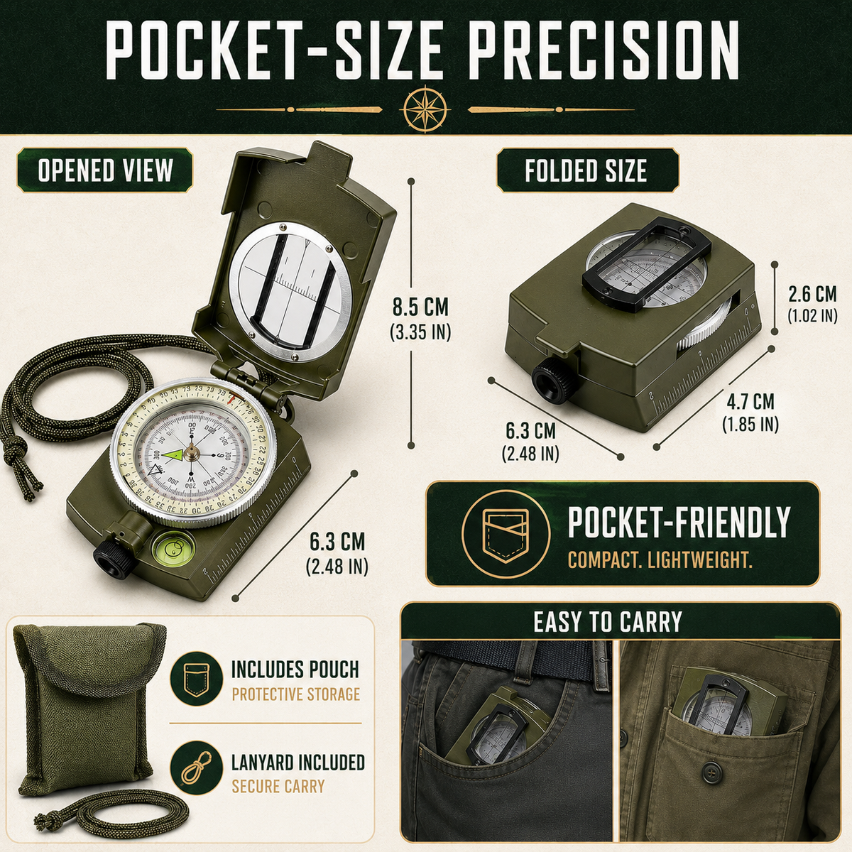 Opvouwbaar Viziercompas Lensatic Kompas met Waterpas Meetfunctie Landmeten Orientatie Outdoor Navigatie | Sulvida