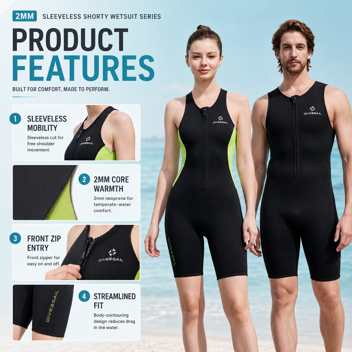 Mouwloos Shorty Wetsuit 2mm Neopreen Zwemmen Surfen Snorkelen Watersport Temperatuurregeling Flexibel | Sulvida