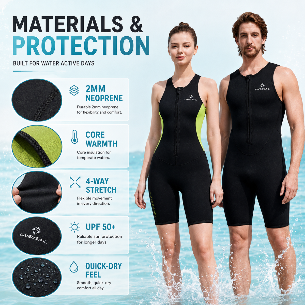 Mouwloos Shorty Wetsuit 2mm Neopreen Zwemmen Surfen Snorkelen Watersport Temperatuurregeling Flexibel | Sulvida