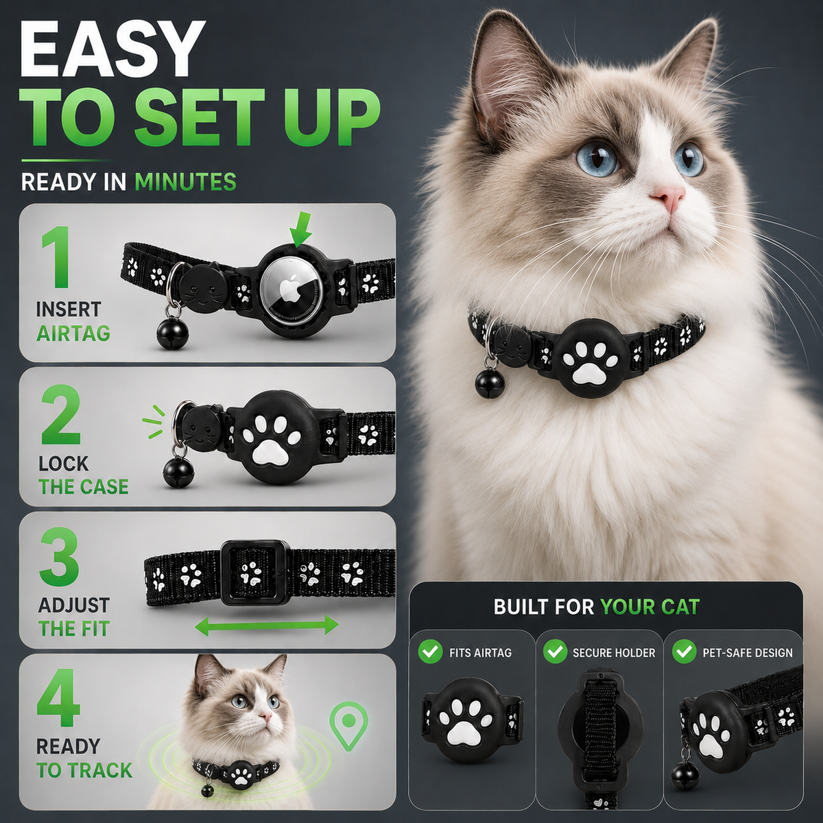 Verstelbare GPS-halsband voor Katten en Honden Locatietracking Reflecterende Pootafdrukken Huisdier Veiligheid | Sulvida