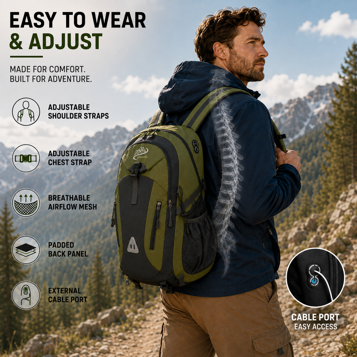 Multi-Compartment Rugzak 40L Wandelrugzak met Mesh Rugpaneel Verstelbare Borstbanden Ritsvakken Outdoor | Sulvida