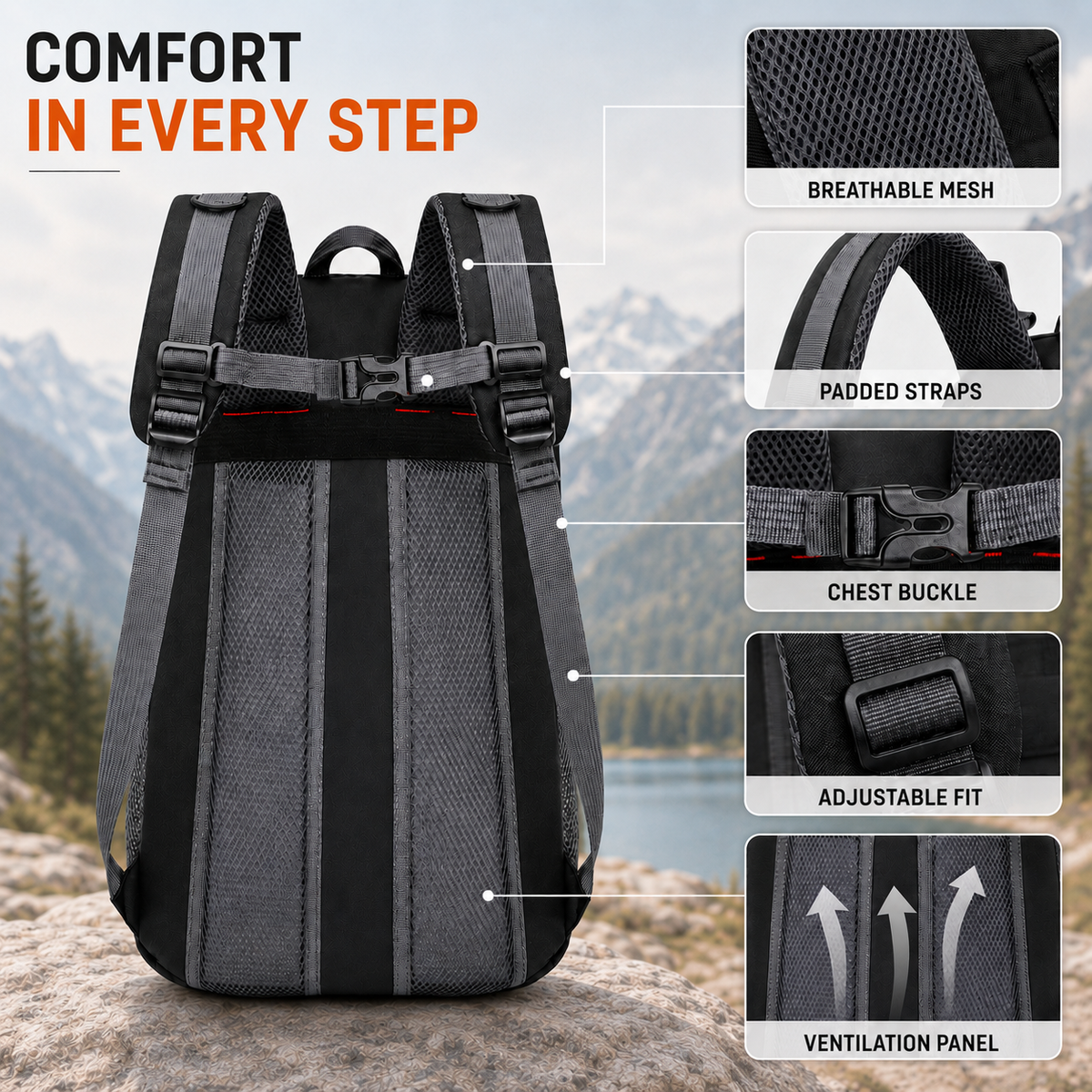 Multi-Compartment Rugzak 40L Wandelrugzak met Mesh Rugpaneel Verstelbare Borstbanden Ritsvakken Outdoor | Sulvida