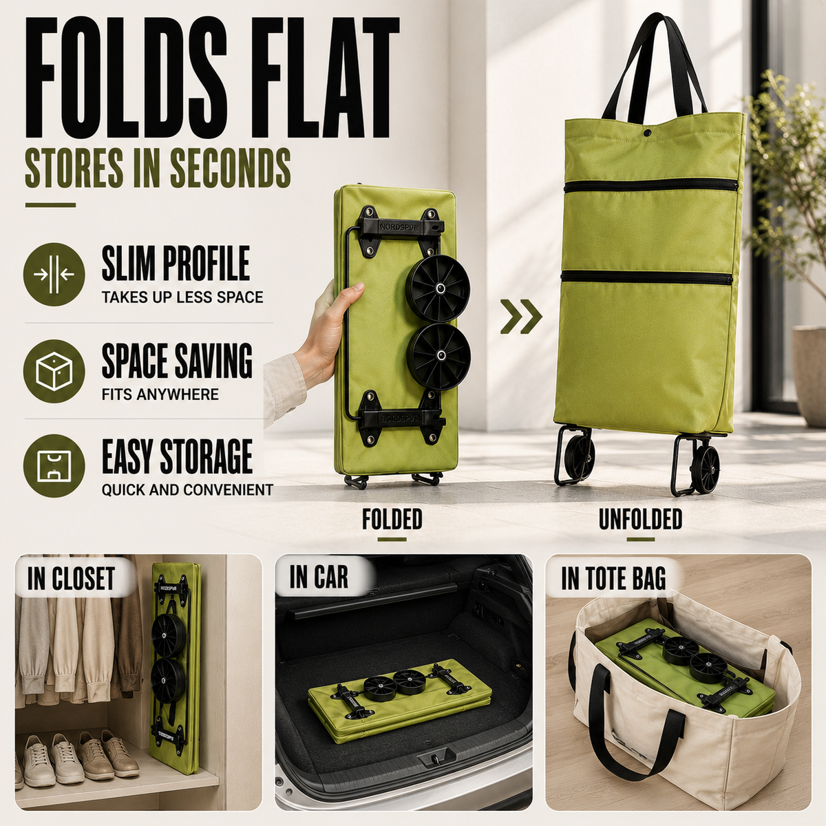 Opvouwbare Boodschappenwagen met Wielen Inklapbare Trolley voor Shopping en Boodschappen Doen Draagtas | Sulvida