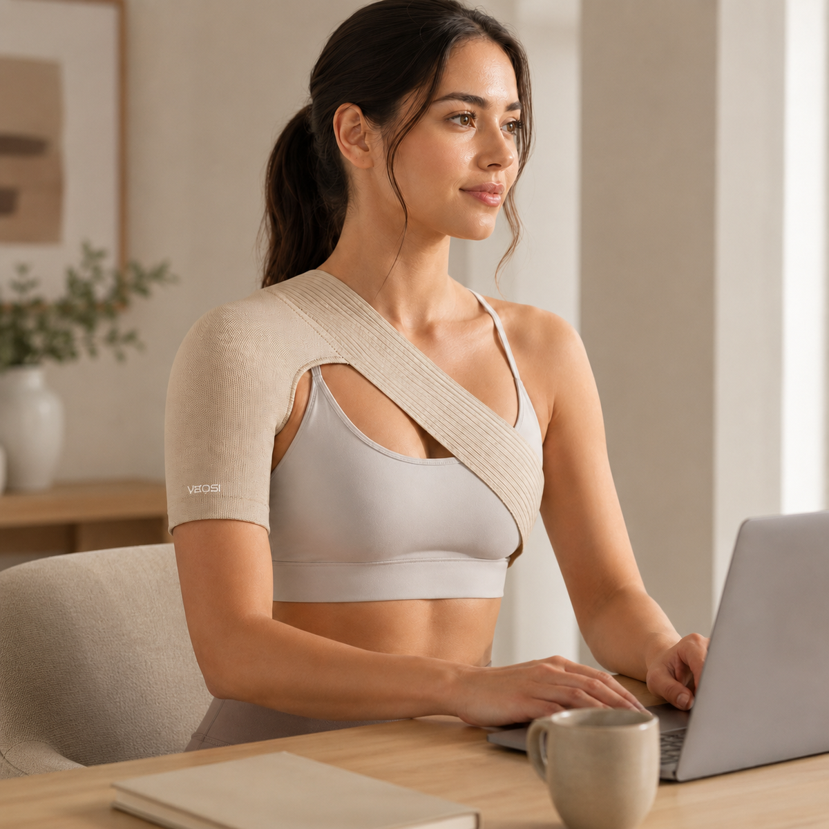 Elastische Schouderbandage voor Optimale Ondersteuning en Compressie Beige Verstelbaar Sport Blessurepreventie | Sulvida