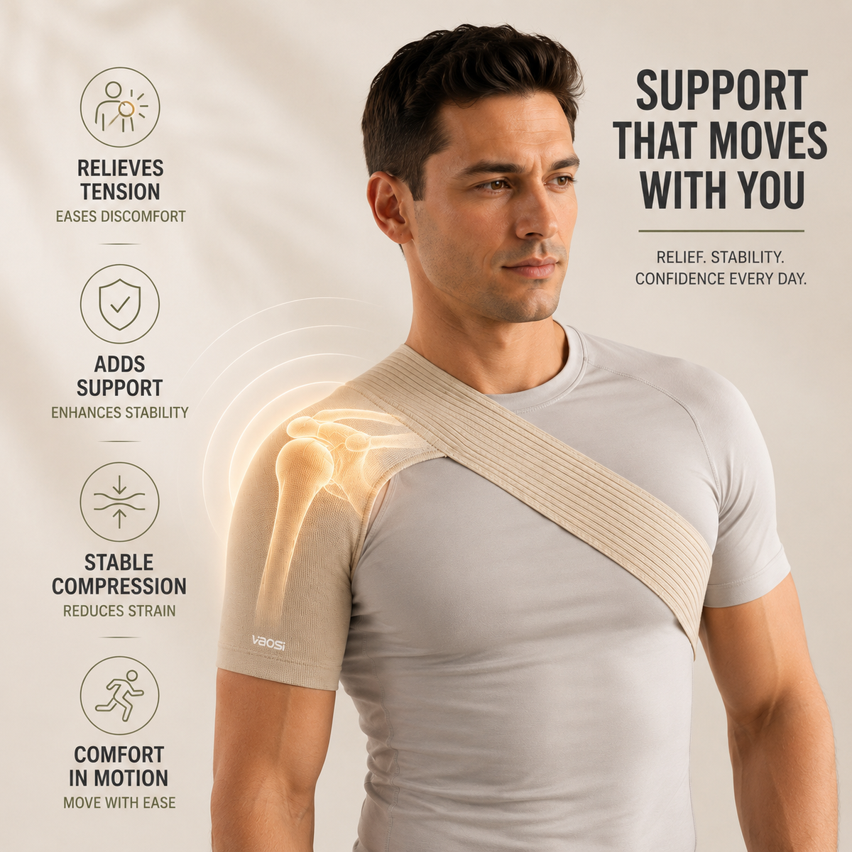 Elastische Schouderbandage voor Optimale Ondersteuning en Compressie Beige Verstelbaar Sport Blessurepreventie | Sulvida