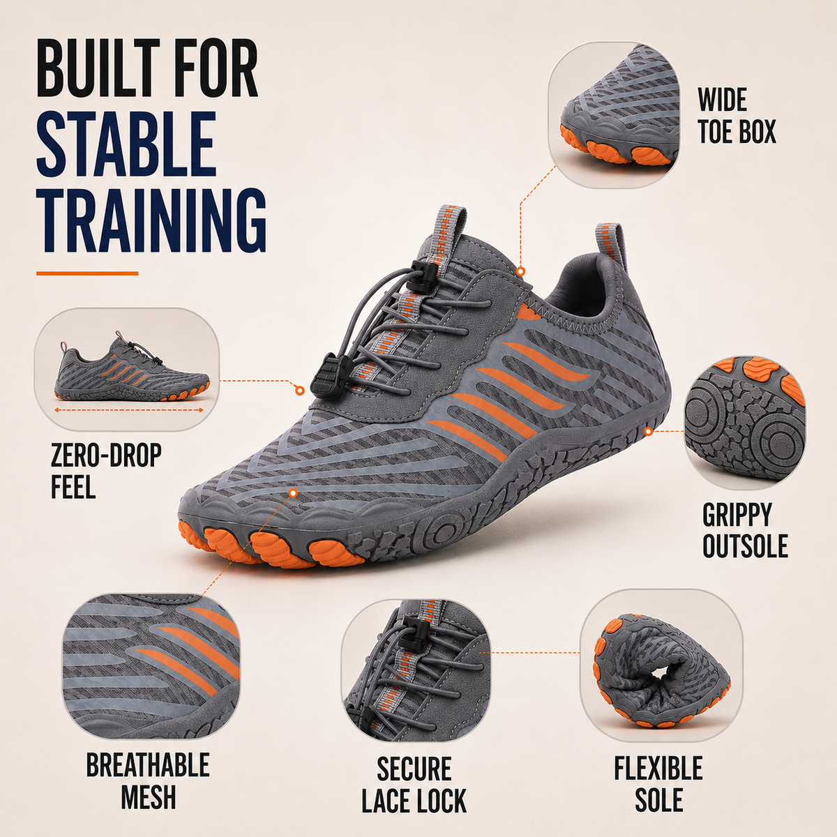 Barefoot Trainingsschoenen Platte Zool Sportschoen Dames Heren Fitness Hardlopen Grijs Oranje Blauw Zwart Wit | Sulvida